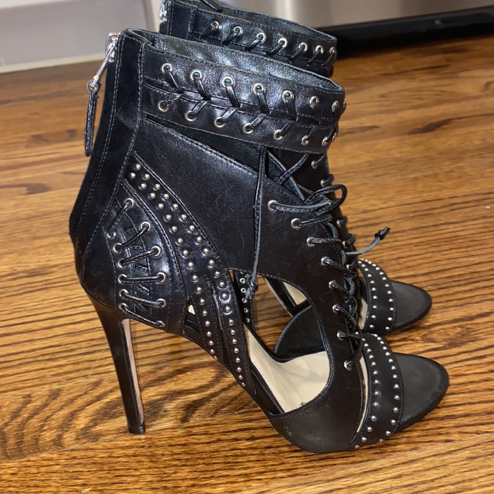 NWOT B Brian Atwood Black Leather Lusia Studded Lace Up Heels - Picture 5 of 12